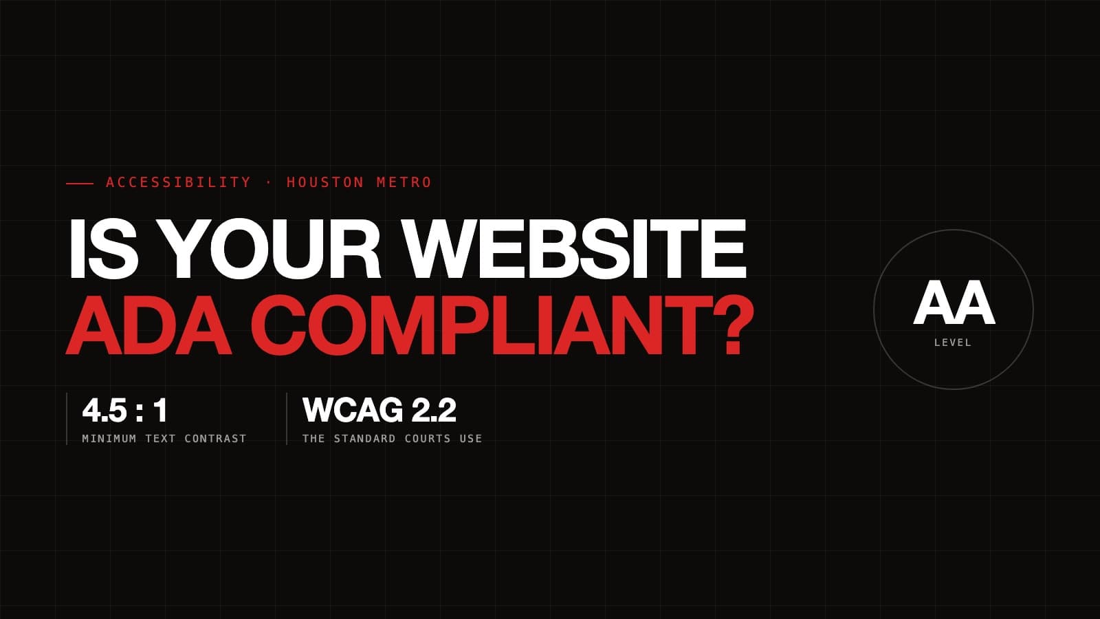 Dark cover reading Is your website ADA compliant, with the WCAG 2.2 Level AA standard and the 4.5 to 1 minimum text contrast