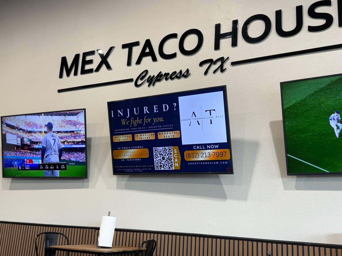 The screens above the dining room at Mex Taco House