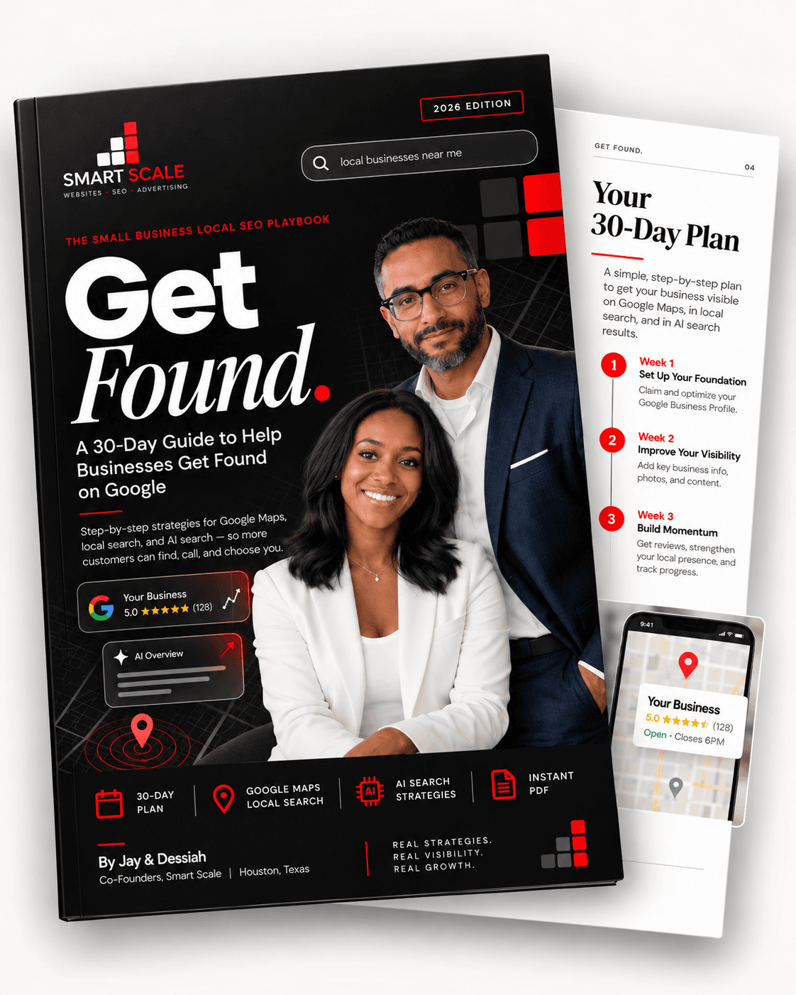 The Get Found Playbook: the cover with Jay and Dessiah Maldonado, the 30-day plan page, and the map listing on a phone