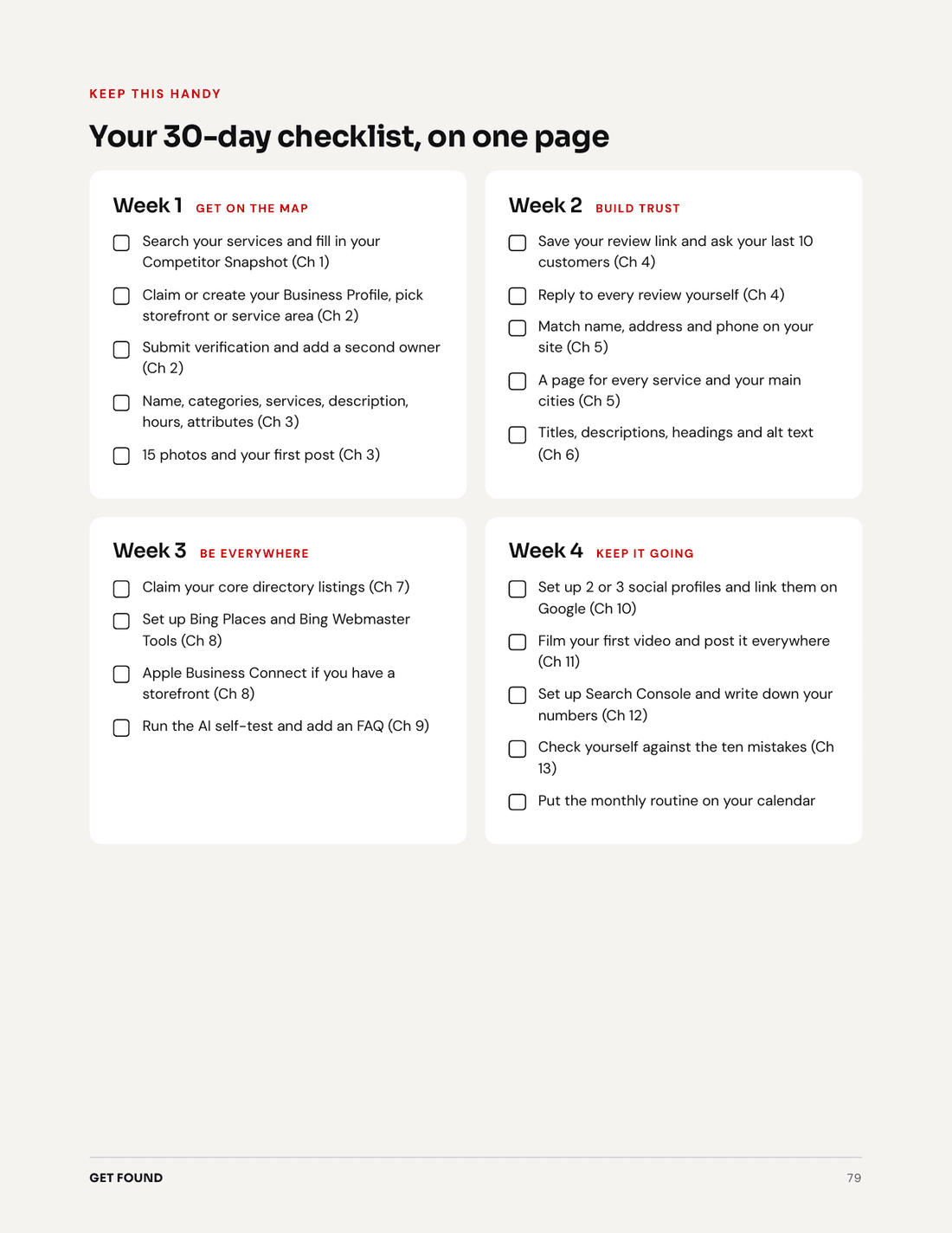 The Playbook's 30-day checklist page, every task for the month on one sheet