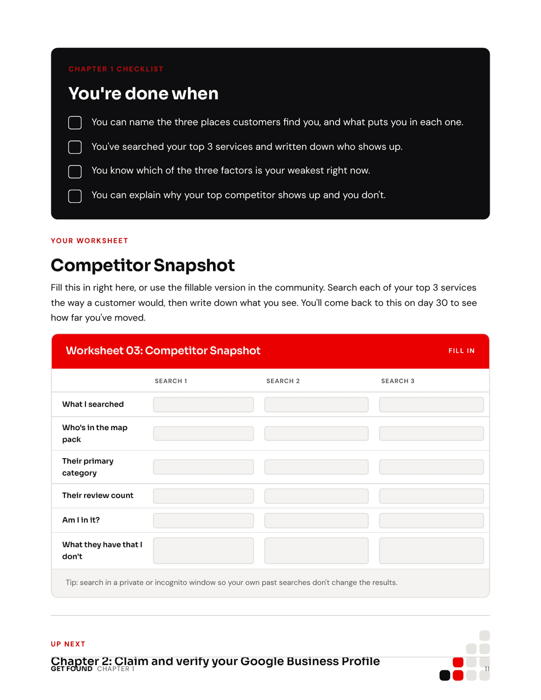 The Playbook's competitor snapshot worksheet for comparing your profile against the businesses that outrank you