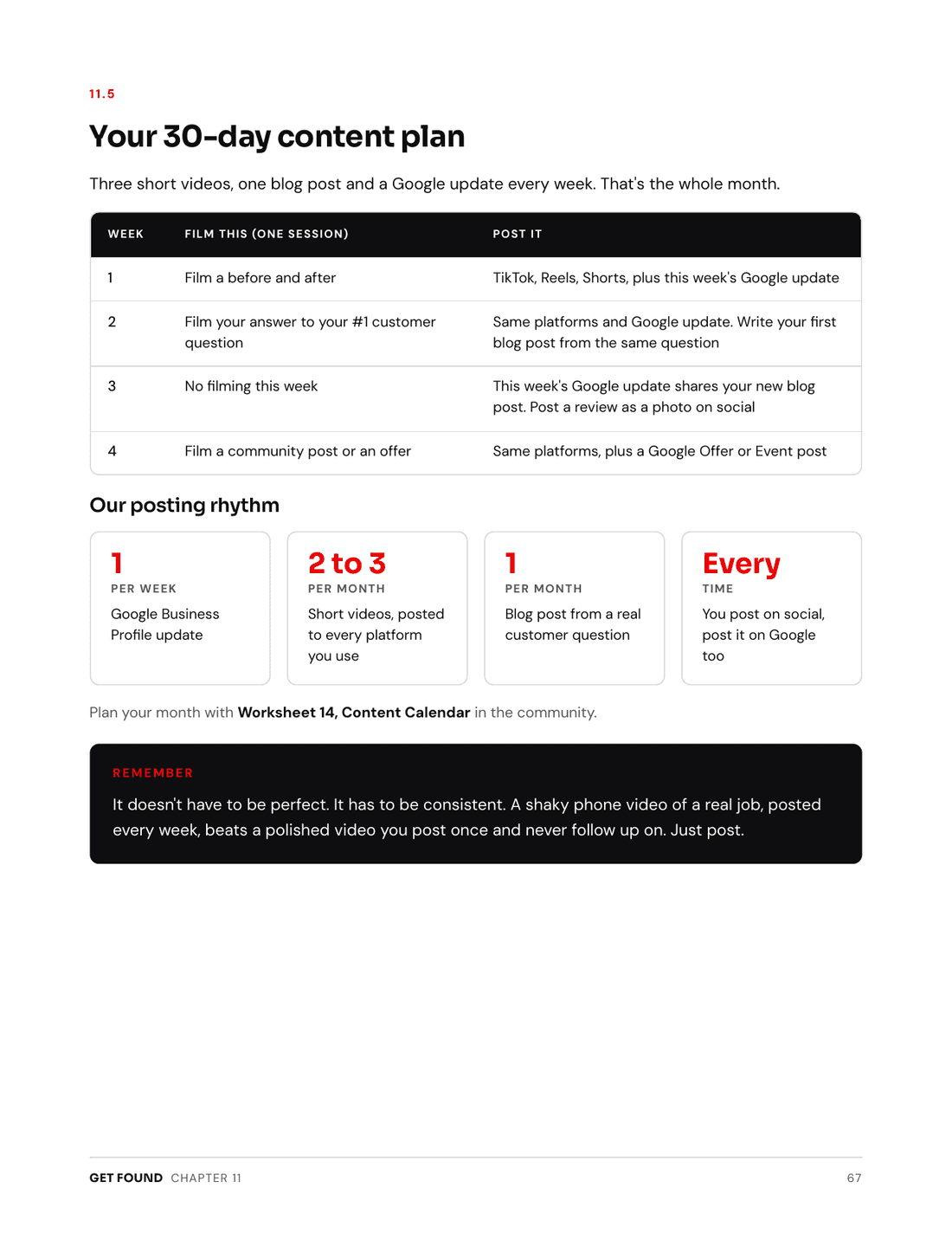 The Playbook's 30-day content plan worksheet, a week by week posting grid